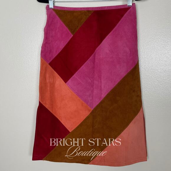 Rare Colorblock Suede Skirt ASO Phoebe Buffay Friends Pink Red Brown Patchwork - Picture 6 of 11